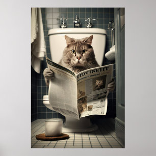 Poster Gato sentado no banheiro lendo jornal
