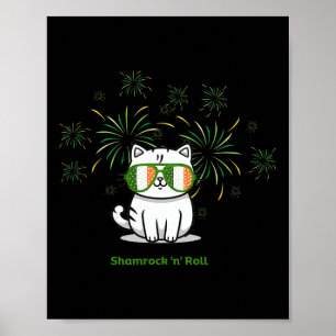Poster Gato Shamrock N Roll Dia de São Patrício Homens Mu