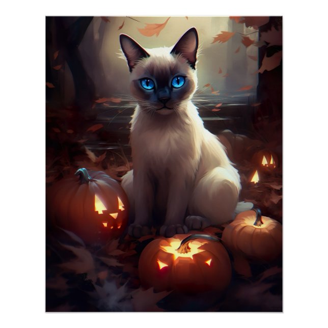 Póster Gato Siamês do Halloween Com Pumpkins Assustado (Frente)