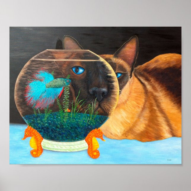 Poster Gato Siamês e Peixes Betta (Frente)