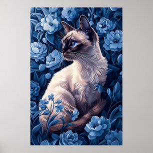 Poster Gato Siamês nas Flores Azuis