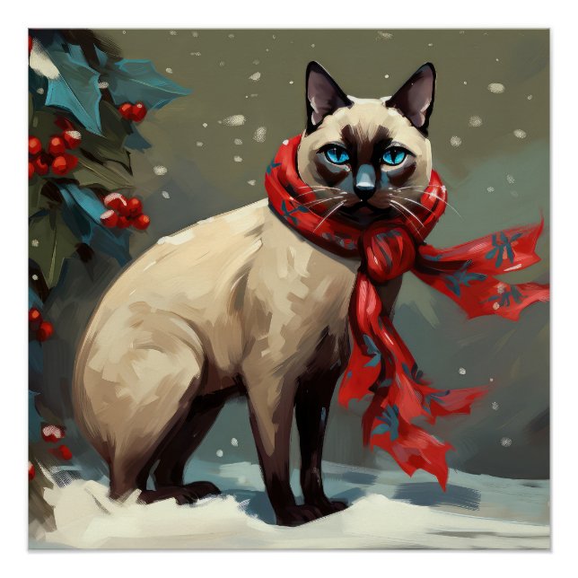 Póster Gato Siames no Natal de Neve (Frente)