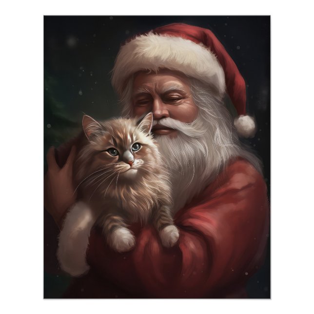 Póster Gato Siberiano com Papai Noel Natal Festivo (Frente)
