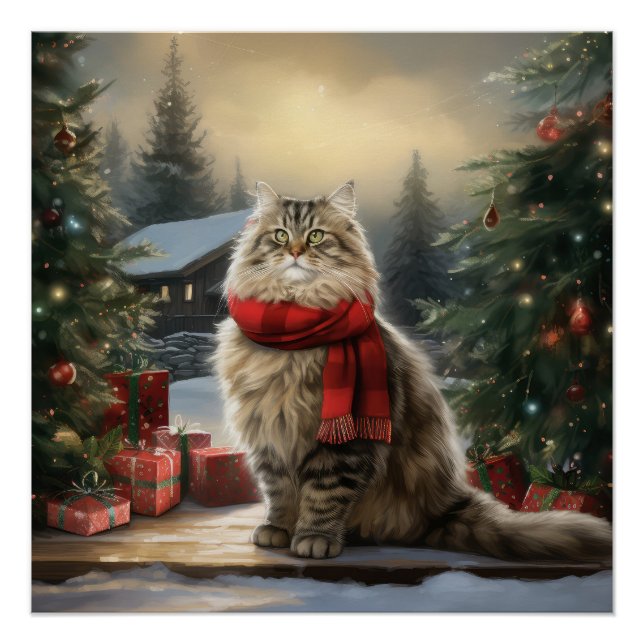 Póster Gato Siberiano no Natal da Neve (Frente)