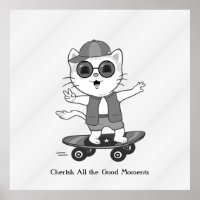 Gato Skater Feliz em Óculos Prateados Cinza