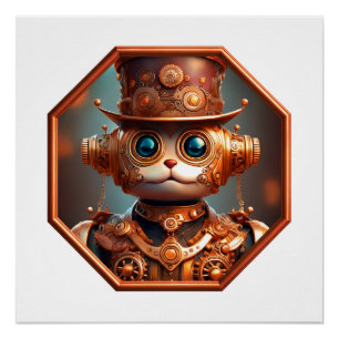 Póster Gato Soldado Steampunk em Moldura de Bronze de 8 L
