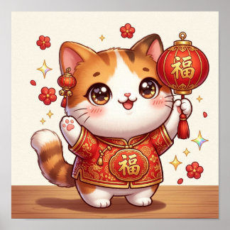 Poster Gato Sortudo Kawaii Ano Novo Chinês Lanterna Festi