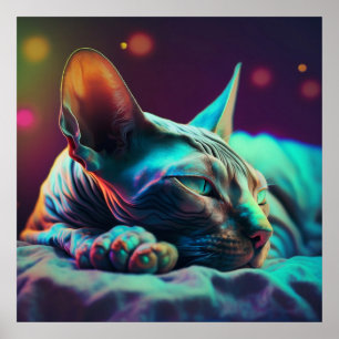 Poster Gato Sphynx Descansando em Luz Turquesa e Magenta