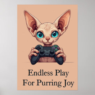 Poster Gato Sphynx Segurando Controle de Jogo