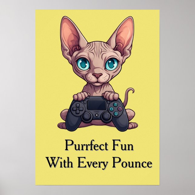 Poster Gato Sphynx Segurando Controle de Jogo (Frente)