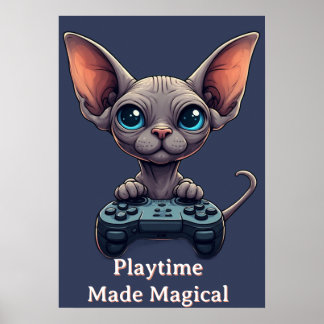 Poster Gato Sphynx Segurando Controle de Jogo