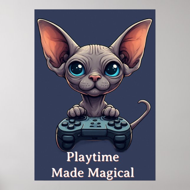 Poster Gato Sphynx Segurando Controle de Jogo (Frente)