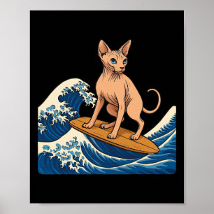 Poster Gato Sphynx Surfando Onda Japonesa
