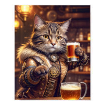 Gato steampunk bebendo cerveja em um pub -