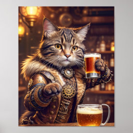 Poster Gato steampunk bebendo cerveja em um pub - 