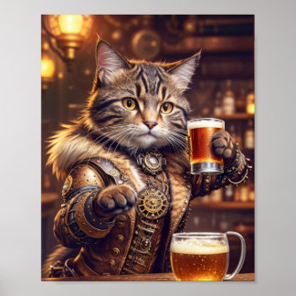 Poster Gato steampunk bebendo cerveja em um pub -