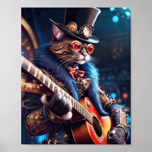 Poster Gato Steampunk com chapéu e óculos, guitarrista (Frente)
