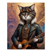 Gato steampunk com jaqueta de couro, tocando violã
