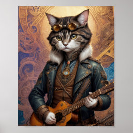 Poster Gato steampunk com jaqueta de couro, tocando violã