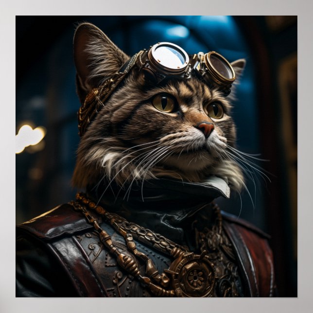 Poster Gato Steampunk em Retro Uniforme (Frente)