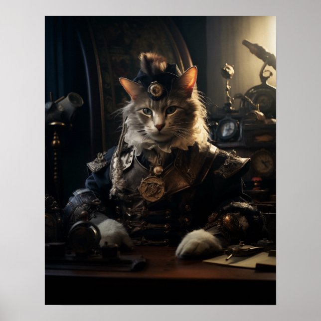 Poster Gato Steampunk em Retro Uniforme (Frente)
