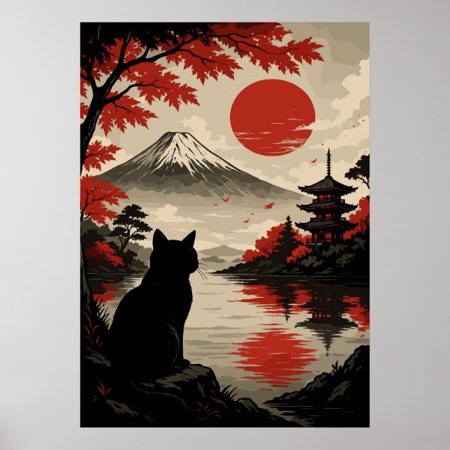 Poster Gato Sunset Japonês com Monte Fuji e Pagoda (Frente)