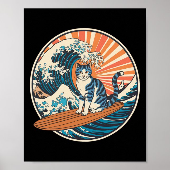 Poster Gato Surfando Prancheta de Surf Engraçado  (Frente)