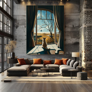 Poster Gato Surreal saindo da janela - Arte Surrealista