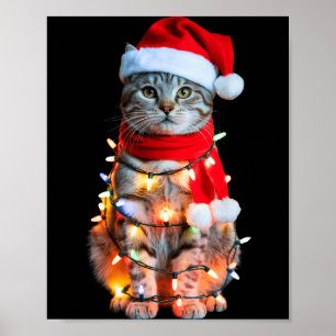 Poster Gato Tabby de Natal Fofo em Luzes Chapéu de Papai 