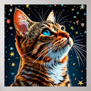 Poster Gato Tabby de Olhos Azuis Contempla o Céu Noturno 