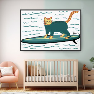 Poster Gato Tabby Surfando Diversão Legal Berçário Crianç