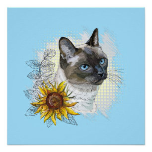 Póster Gato tailandês engraçado desenhando mão com flores