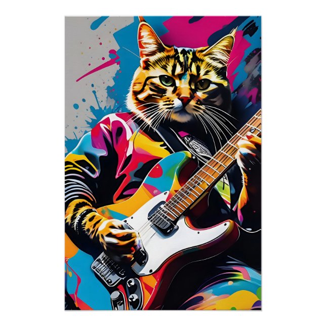 Póster Gato toca guitarra, grafite de rock (Frente)