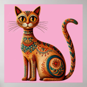 Poster Gato Tribal Boho Fofo Arte Folclórica com Flores