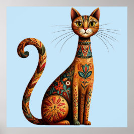 Poster Gato Tribal Boho Fofo Arte Folclórica com Flores