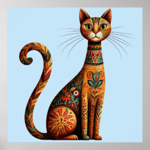 Poster Gato Tribal Boho Fofo Arte Folclórica com Flores