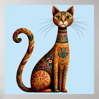 Poster Gato Tribal Boho Fofo Arte Folclórica com Flores