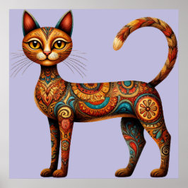 Poster Gato Tribal Boho Fofo Arte Folclórica com Flores