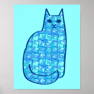 Poster Gato, turquesa e marinho modernos do meio século