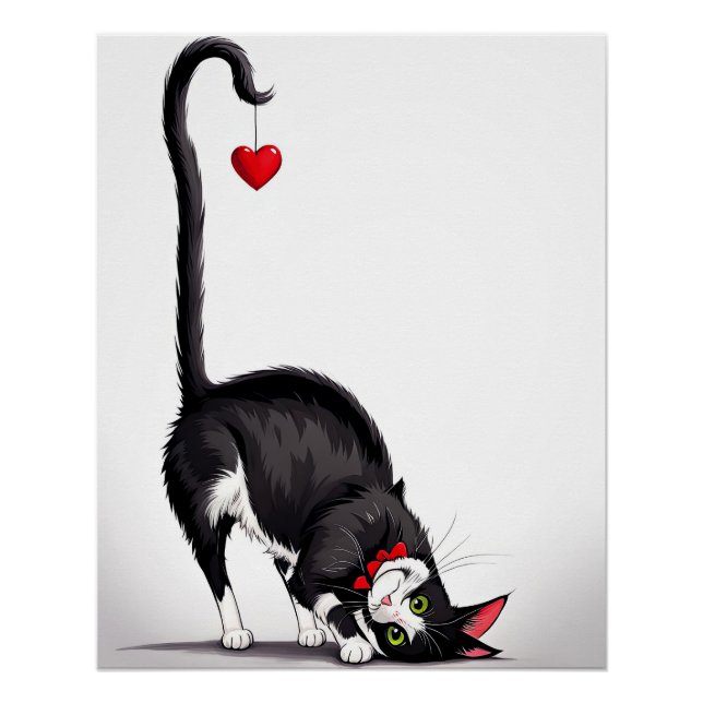 Póster Gato Tuxedo Com Coração Pendendo (Frente)