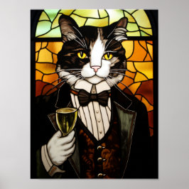 Poster Gato Tuxedo Elegante em Estilo de Vitral