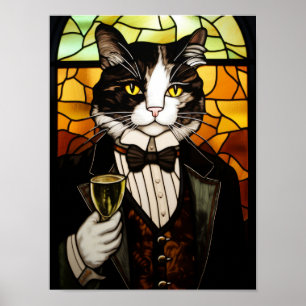 Poster Gato Tuxedo Elegante em Estilo de Vitral