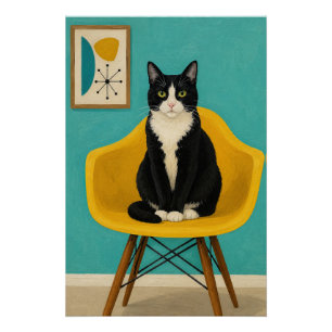 Póster Gato Tuxedo em Cadeira Amarela de Meados do Século