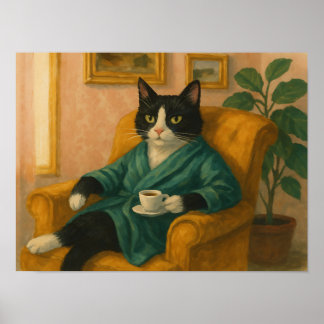 Poster Gato Tuxedo Engraçado de Robe Bebendo Café