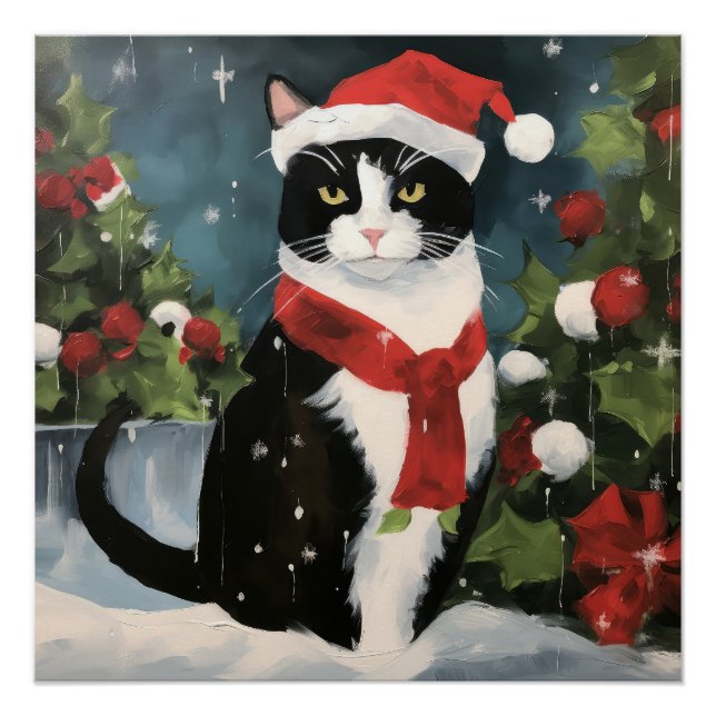 Póster Gato Tuxedo na Neve Natal (Frente)