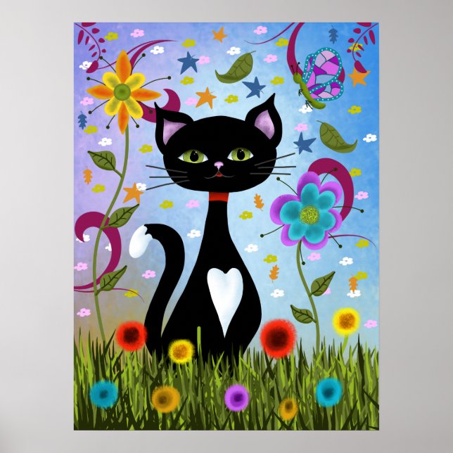Póster Gato Tuxedo Sentado Em Um Jardim (Frente)