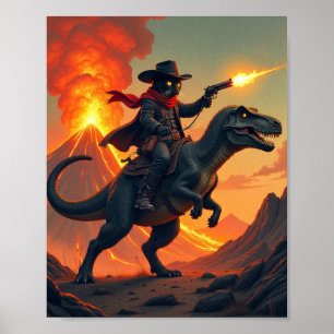 Poster Gato Único Caubói Montando Dinossauro Gato Caubó