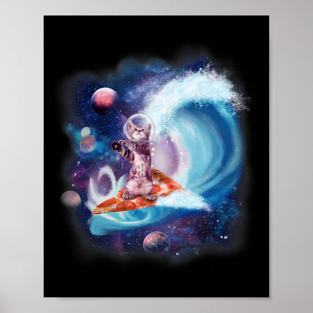 Poster Gato Usando Capacete Surfando Em Prancha De Pizza  (Frente)