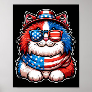 Poster Gato Usando Óculos de Sol Bandeira EUA Patriótico