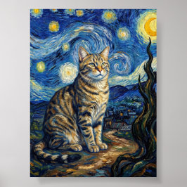 Poster Gato Van Gogh Noite Estrelada Arte Impressionista